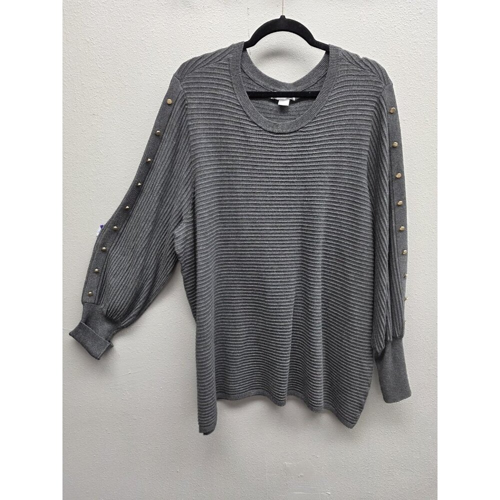 Liz Claiborne Sweater Womens 1X Gray Ribbed Pullover Gold Button Sleeve Knit Top
